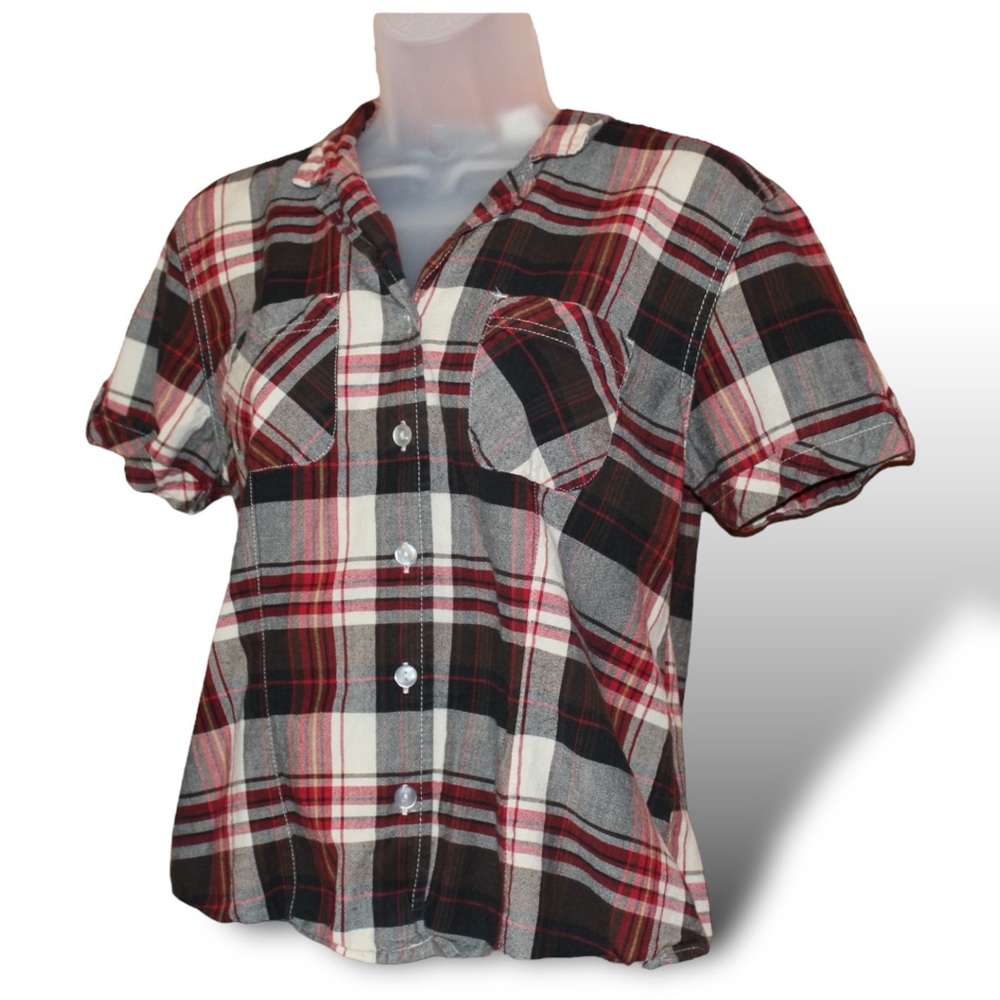 Erika petite small plaid tartan short sleeve button up